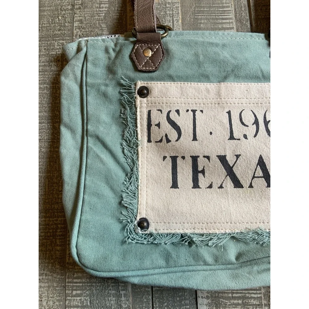 Myra Bag Small Turquoise Canvas Leather‎ Texas EST. 1962 Up-cycled Tote Handbag